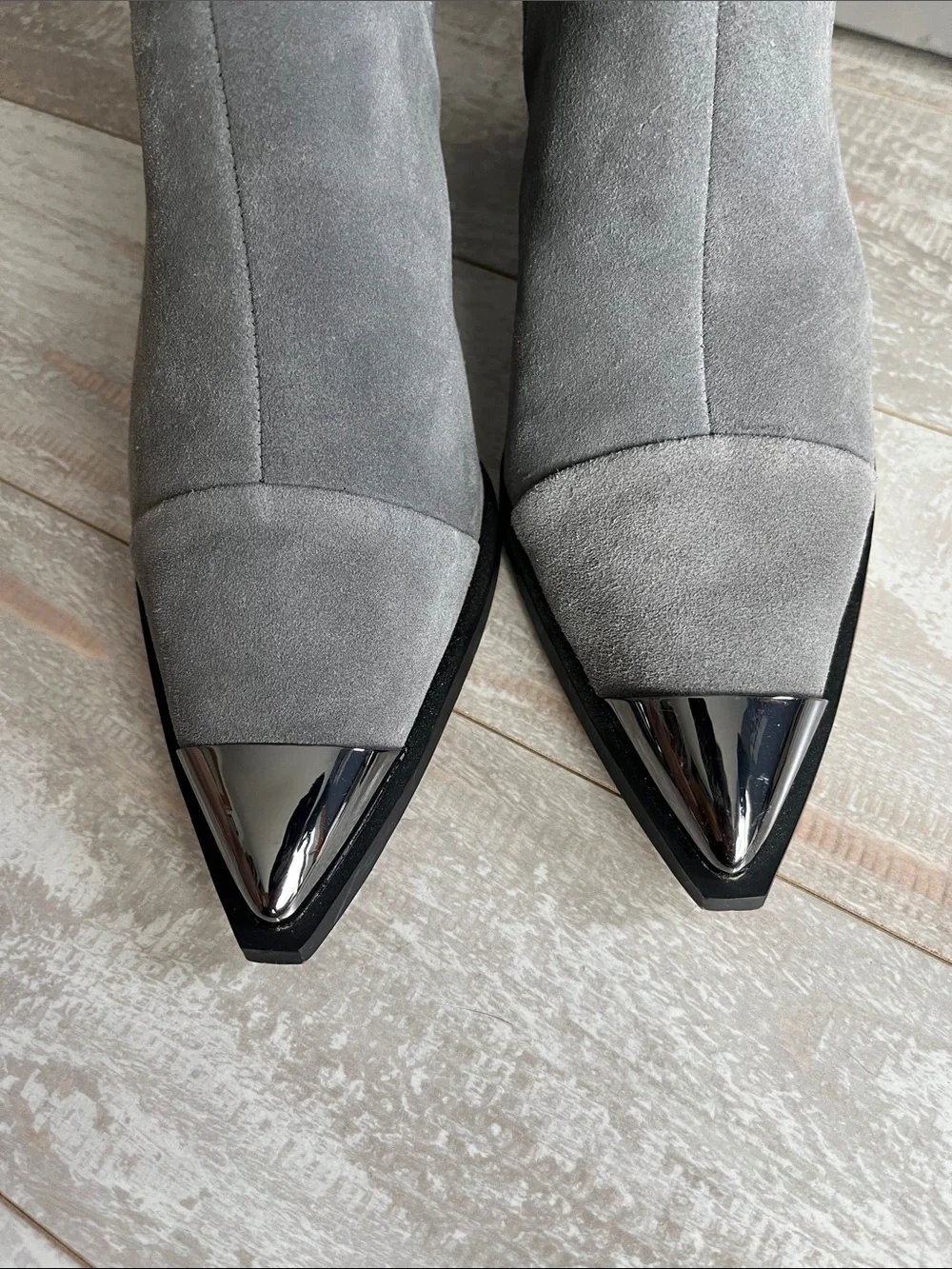 Halston Heritage Gray Suede Pointed Toe Ankle Booties with Silver Metal Cap 7M